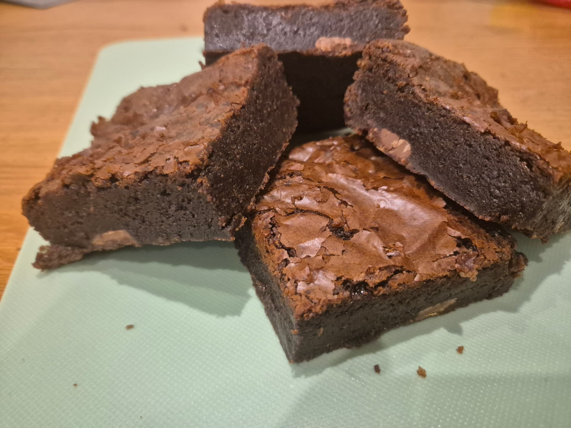 Our plain chocolate chunk brownies, freshly baked with crackled tops